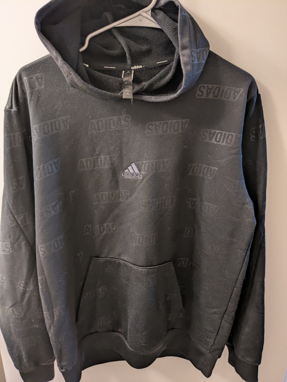 Adidas Embossed Polar Fleece Black All-Over Logo Pullover Hoodie Size Medium